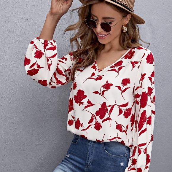 v neck Red floral print spring bishop sleeve top boho - Picture 4 of 5